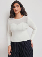 Knitted Round Neckline Solid Long Sleeve Top Curve & Plus