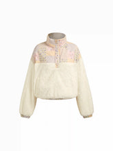 Cotton Fleece Patched Stand Collar Floral Contrasting Binding Sweatshirt
