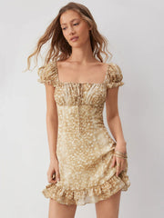 Chiffon Square Neck Puff Sleeve Ruched A-line Mini Dress