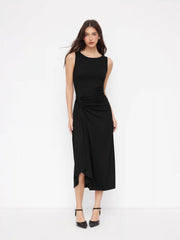 Boat Neck Side Twist Draped Mandarin Midi Dress