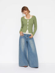 Knit Two Tone Halter Neckline Button Cut Out Cardigan