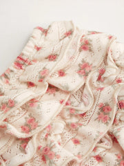 Cotton-blend Floral Button Crop Top & Mid Rise Lettuce Trim Layered Shorts Loungewear Set