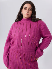 Knitted High Neck Sequins Long Sleeve Crop Top Curve & Plus