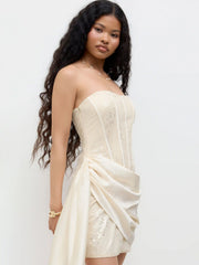 Sequin Sculptural Lace Up Corset Draped Bandeau Mini Dress