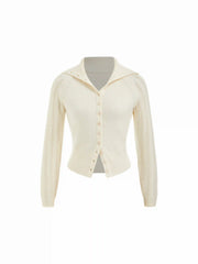 Knit Collar Solid Hollow Out Long Sleeve Cardigan