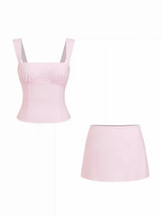 Cotton Textured Square Neck Bowknot Top & Mid Rise Mini Skirt Set