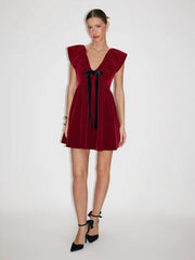 Velvet V-neck Bow Detail A-line Mini Dress