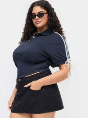 Cotton-blend Collar Lace Up Corset Side Striped Tee Curve & Plus