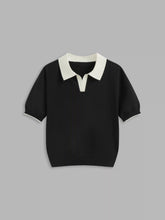 Knit Polo Contrasting Binding Short Sleeve Top