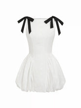 Cotton Boat Neck Embroidery Bowknot Ruched Bubble Mini Dress