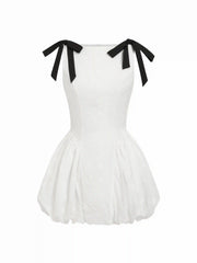 Cotton Boat Neck Embroidery Bowknot Ruched Bubble Mini Dress