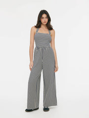 Cotton Halter Neckline Striped Knotted Jumpsuit