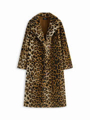 Oversized Faux Fur Collar Leopard Pocket Longline Coat Curve & Plus