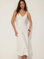 Linen-blend V-neck Twist Detail A-line Maxi Cami Dress