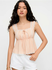 Cotton Lace Trim Tie Front Cami Top
