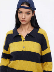 Knit Collar Striped Colorblock Button Long Sleeve Oversized Top