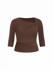 Asymmetrical Neck Ruched Middle Sleeve Tee Curve & Plus