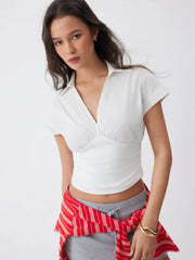 Cotton V-neck Ruched Short Sleeve Blouse