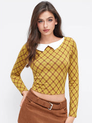 Cotton-blend Plaid Boat Neck Cropped Top