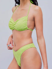 Halter Floral Texture Ruched Cheeky Bikini Swimsuit