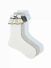3 PAIRS BOWKNOT & STRIPED TRIM CREW SOCKS SET