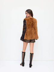 Faux Fur V-neck Solid Jacket Vest
