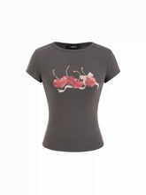 Cotton-blend Cherry Graphic Round Neckline Short Sleeve Top