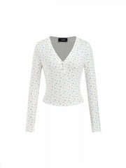 Pointelle Ditsy Floral V-Neck Long Sleeve Top