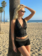Mesh Halter Neck Ruched Sequin Crop Top