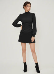 High Neck Solid Ruched Long Sleeve Top