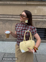 Plaid Stand Collar Puff Sleeve Tie Back Button Blouse