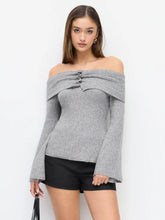 Knit Wool-blend Off-shoulder Bell Sleeve Metal Button Top