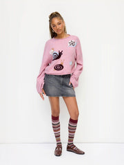 Knit Wool-blend Round Neckline Snail Bell Sleeve Oversized Top