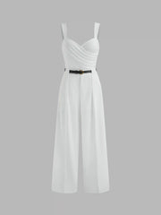 V-neck Solid Ruched Wrap Jumpsuit With Belt