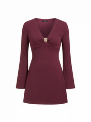 V-neck Bell Sleeve Metal Detail Mini Dress