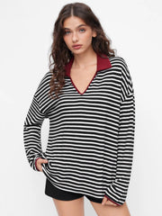 Cotton-blend Striped Sweetheart Neck Contrasting Binding Oversized Tee