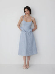 Cotton-blend Gingham Scoop Neck Ruffle Bowknot Flared Maxi Dress