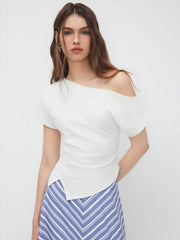 Cotton-blend Asymmetrical Neck Ruched Tee