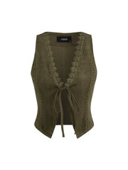 Suede V-Neck Lace Trim Waistcoat