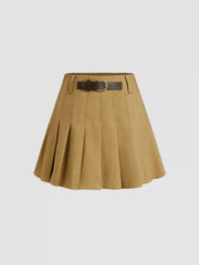 Woven Mid Rise Solid Belted Pleated Mini Skirt
