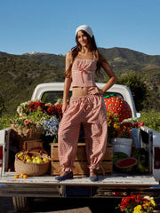 Gingham Square Neck Ruched Corset Tank Top
