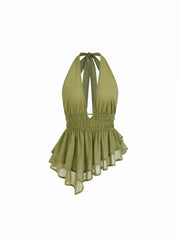Chiffon Halter Neckline Ruffled Asymmetrical Hem Ruched Top