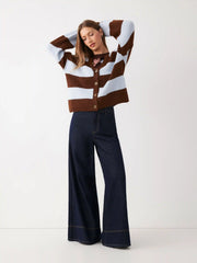Knit V-neck Striped Lantern Sleeve Oversized Cardigan