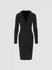 Knitted Sweetheart Fuzzy Trim Midi Dress