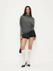 Jersey Striped Turtleneck Batwing Sleeve Oversized Sweatshirt