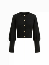 Knit Round Neck Gigot Sleeve Button Metal Detail Cardigan