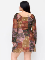 Mesh Bell Sleeve Patchwork Ruched Flared Mini Dress Curve & Plus