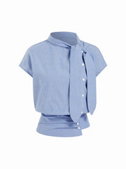 Linen-blend Striped High Neck Knotted Blouse With Scarf