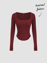 Thermal Cotton-blend Square Neck Solid Thumb Hole Long Sleeve Tee
