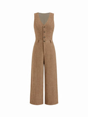 Plaid V-neck High Rise Button Wide Leg Jumpsuit
